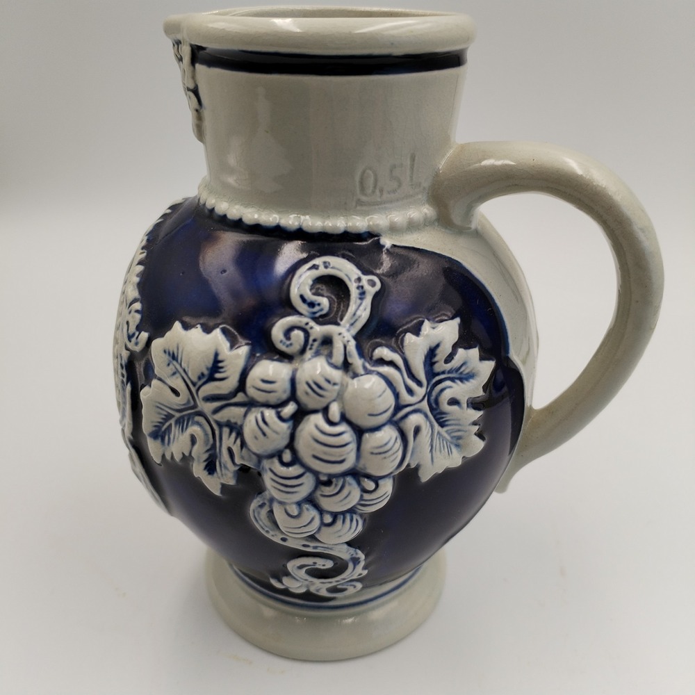 Vtg Marzi & Remy German Stoneware Pitcher‎ Heidelberg Castle Relief Cobalt Blue